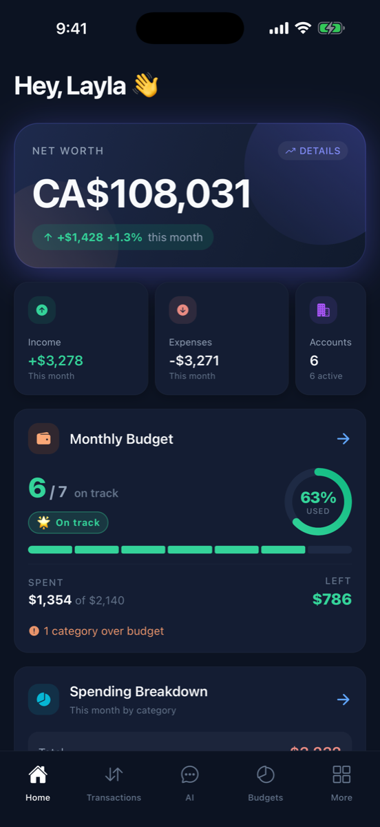 Sable Spend home screen showing net worth, income, expenses, and monthly budget progress