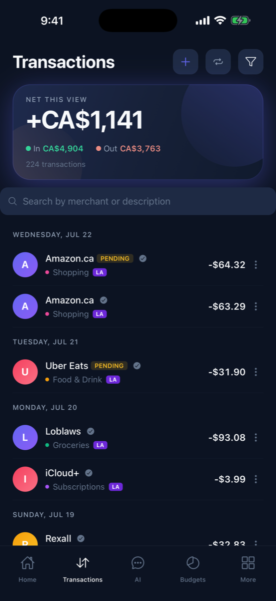 Sable Spend transactions feed with auto-categorized purchases and pending transactions