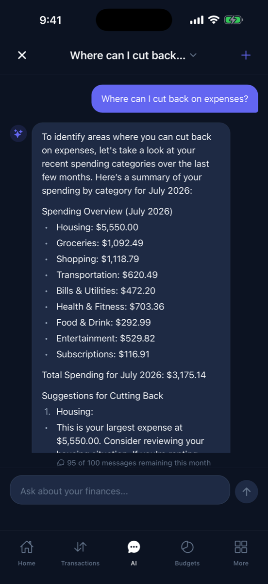 Sable Spend AI assistant answering the question "Where can I cut back on expenses?"