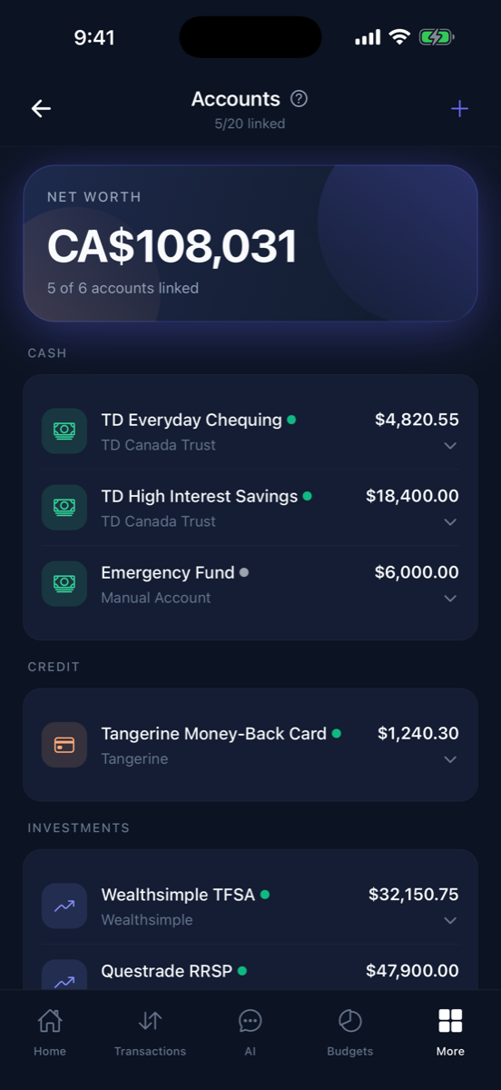 Sable Spend accounts screen listing cash, credit, and investment accounts with live balances