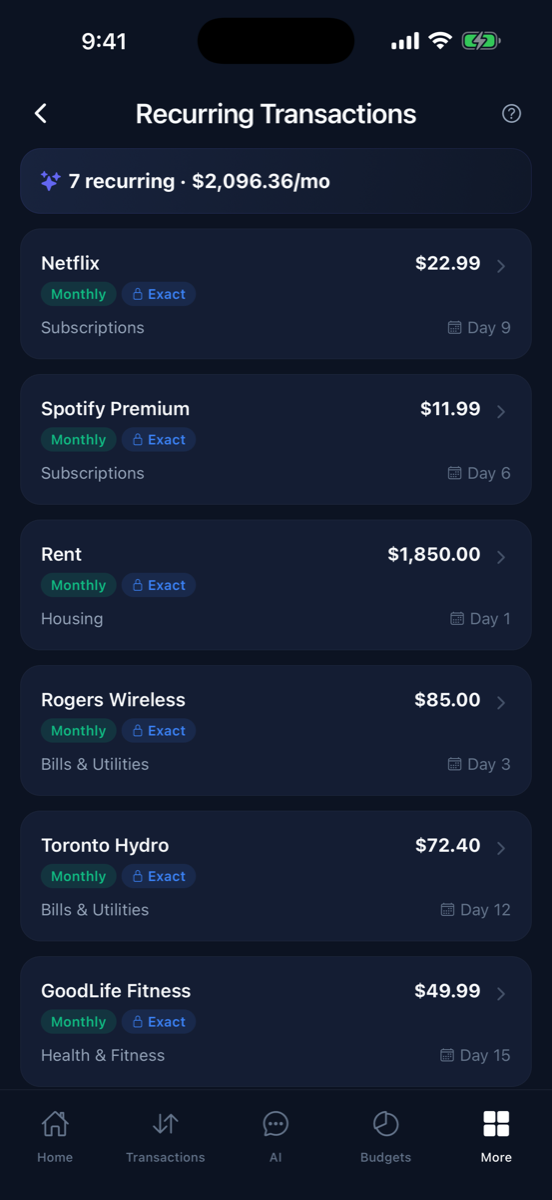 Sable Spend recurring transactions screen totalling monthly subscriptions and bills