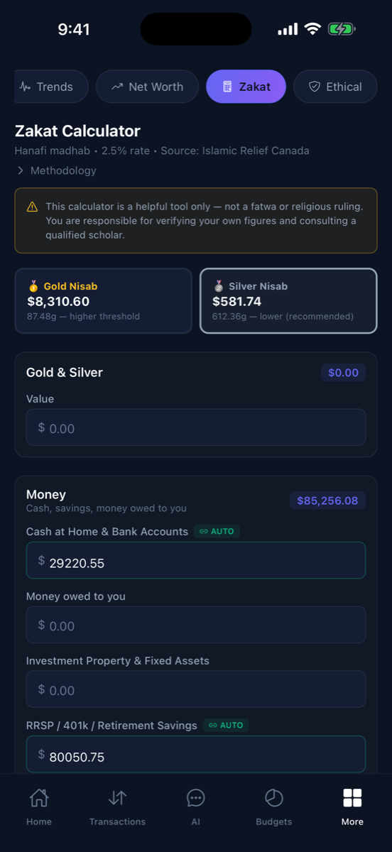 Sable Spend zakat calculator with live nisab thresholds and auto-filled account balances